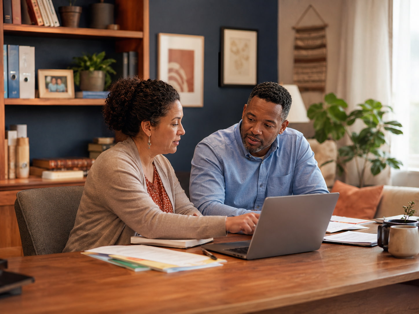 Community case workers collaborating at a desk in a welcoming office