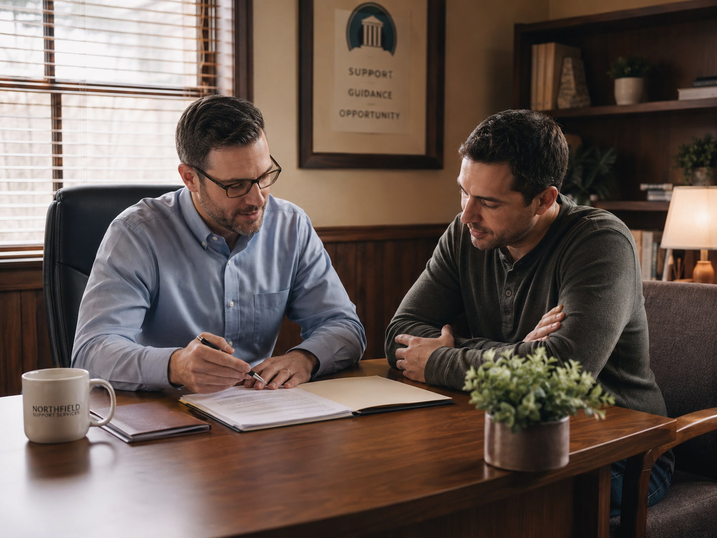 Probation officer meeting with a client in a supportive office setting